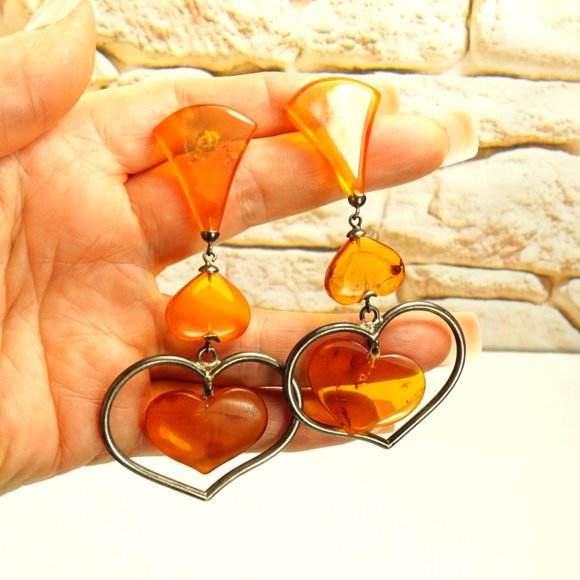ANTIQUE AMBER EXTRA LONG EARRINGS, UNIQUE GIFT FOR WOMEN - Picture 3 of 10